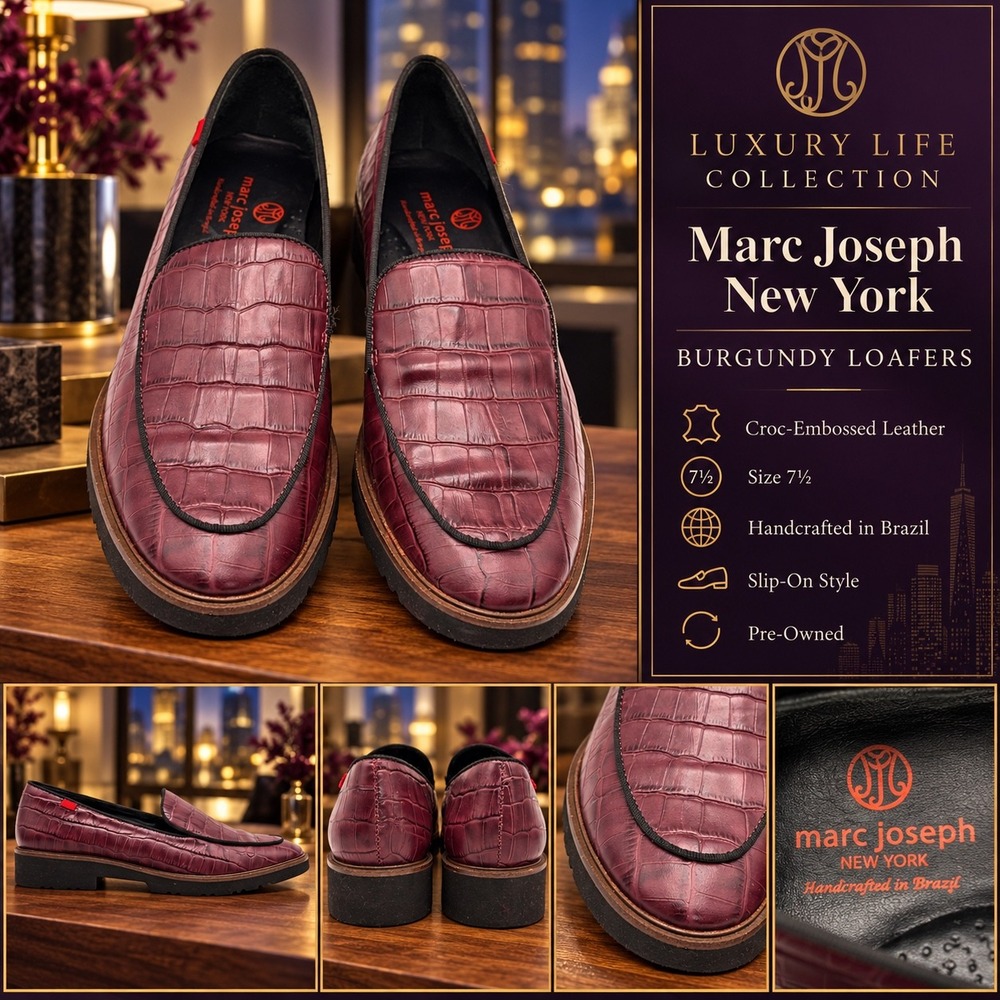 Marc Joseph New York Womens Burgundy Croc Embossed Leather Platform Loafers 7.5